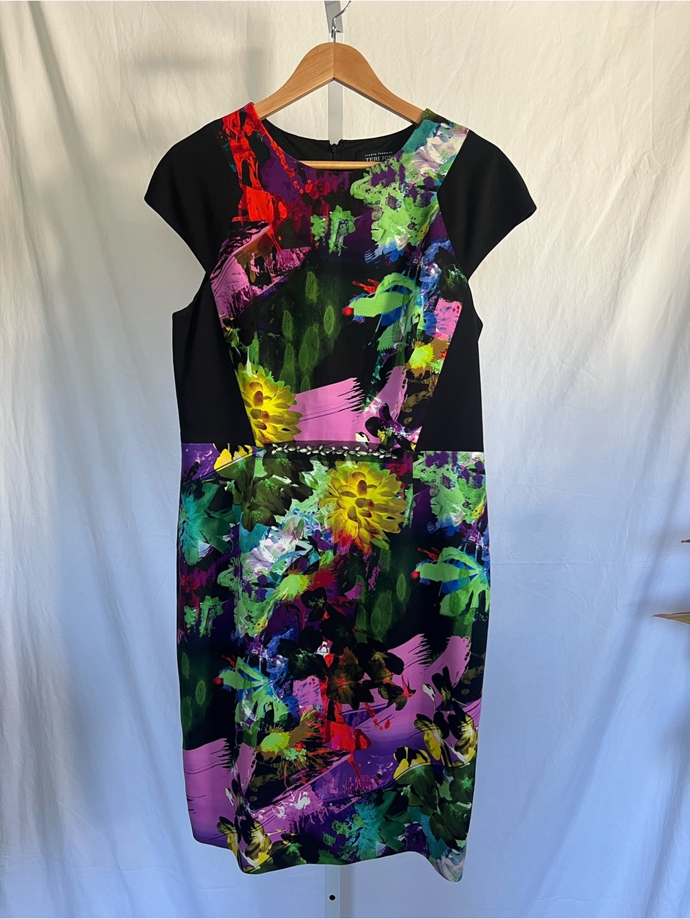 Teri Jon Black Sheath Dress with Multicolor Floral Print size 14